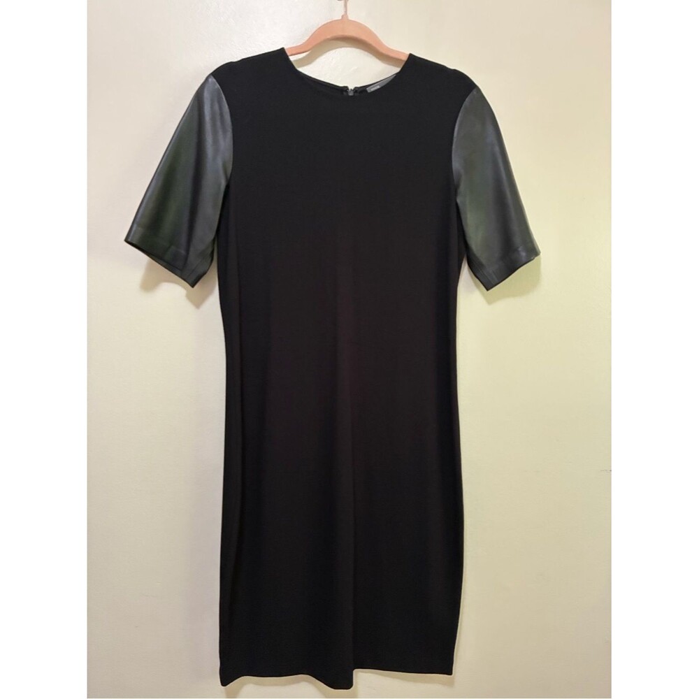Vince Knit Black Mini Dress with Leather Sleeves size 10